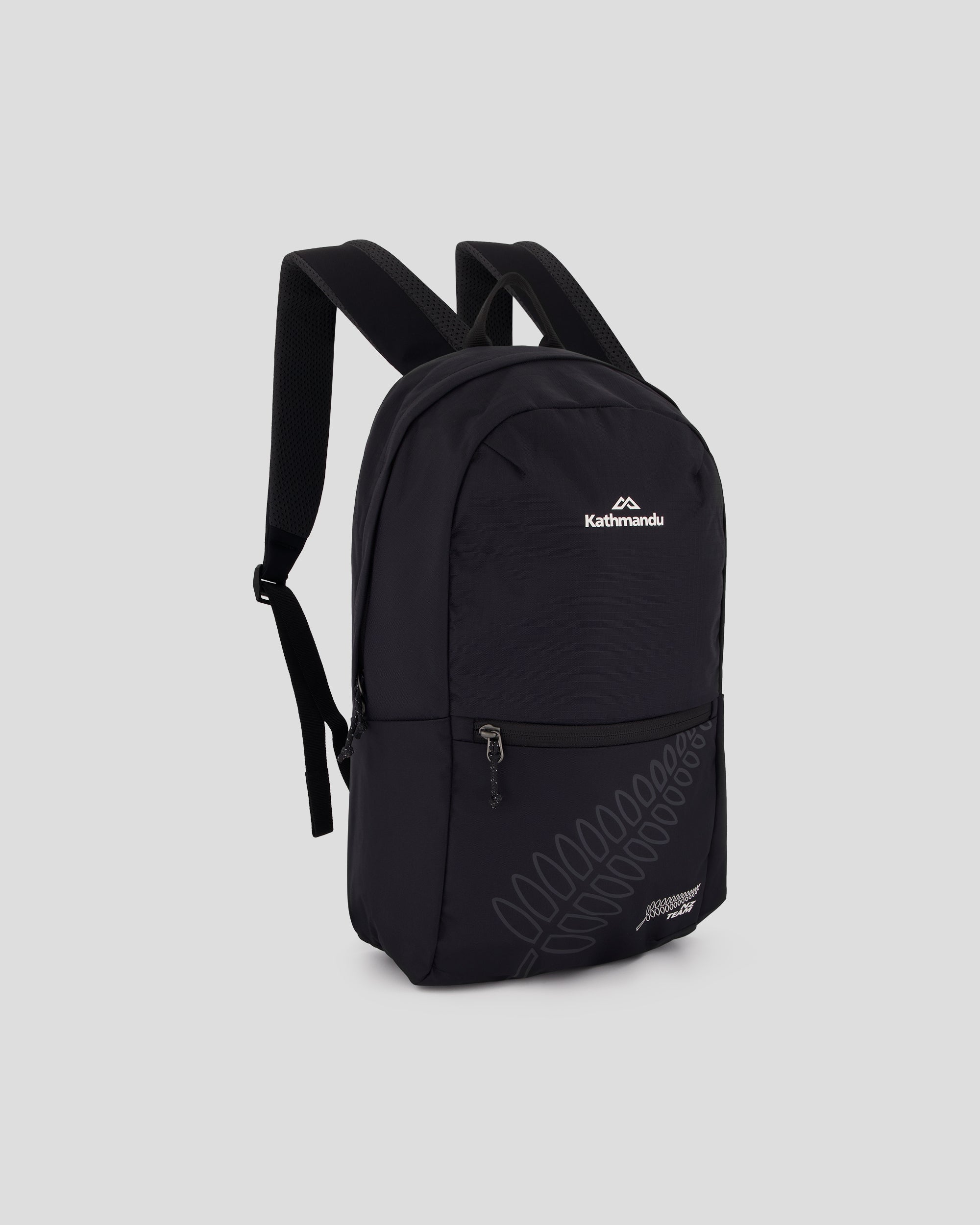 Black backpack with NZ Team logo and fern across front pocket