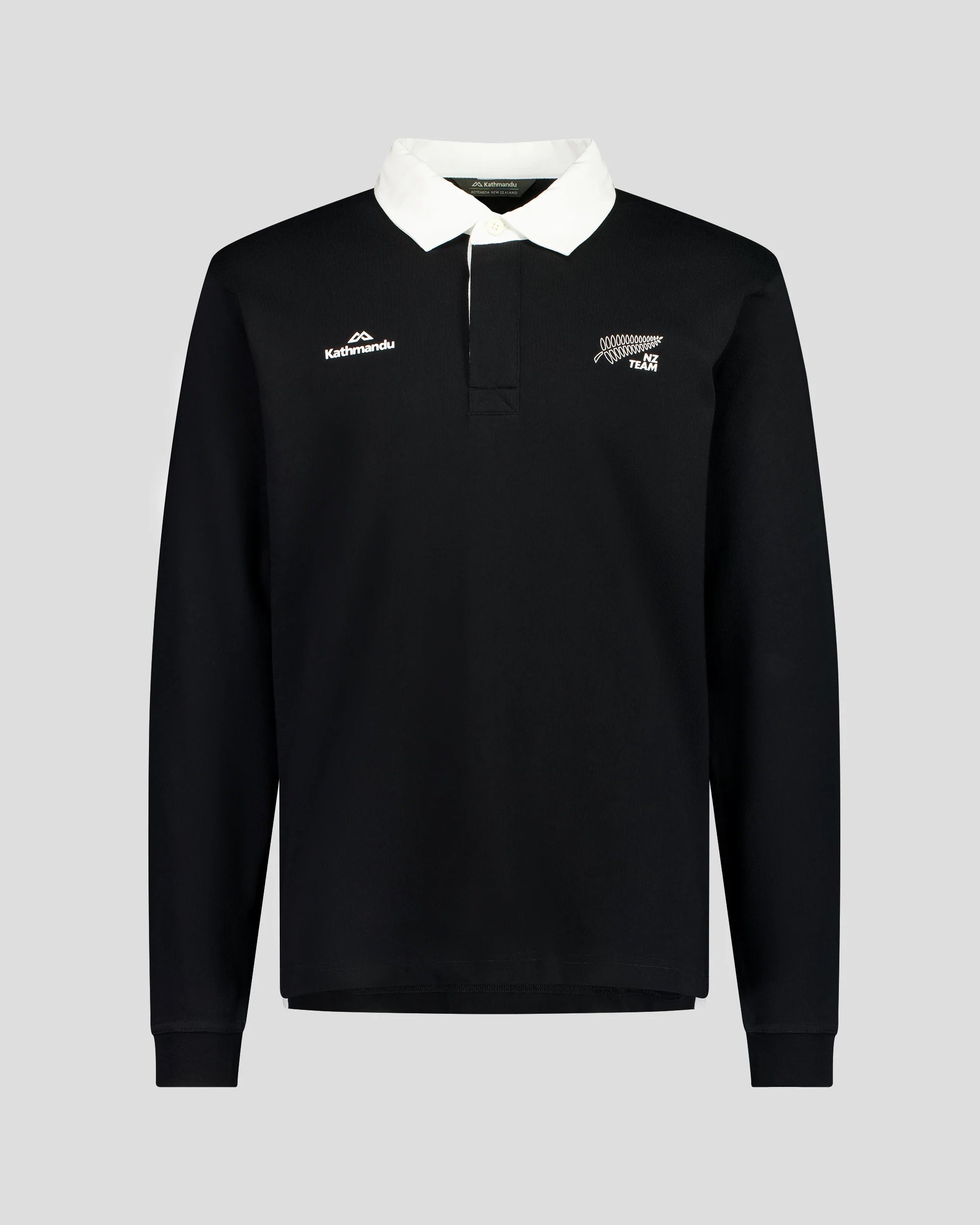 Black long-sleeve rugby style shirt with white collar and NZ team logo