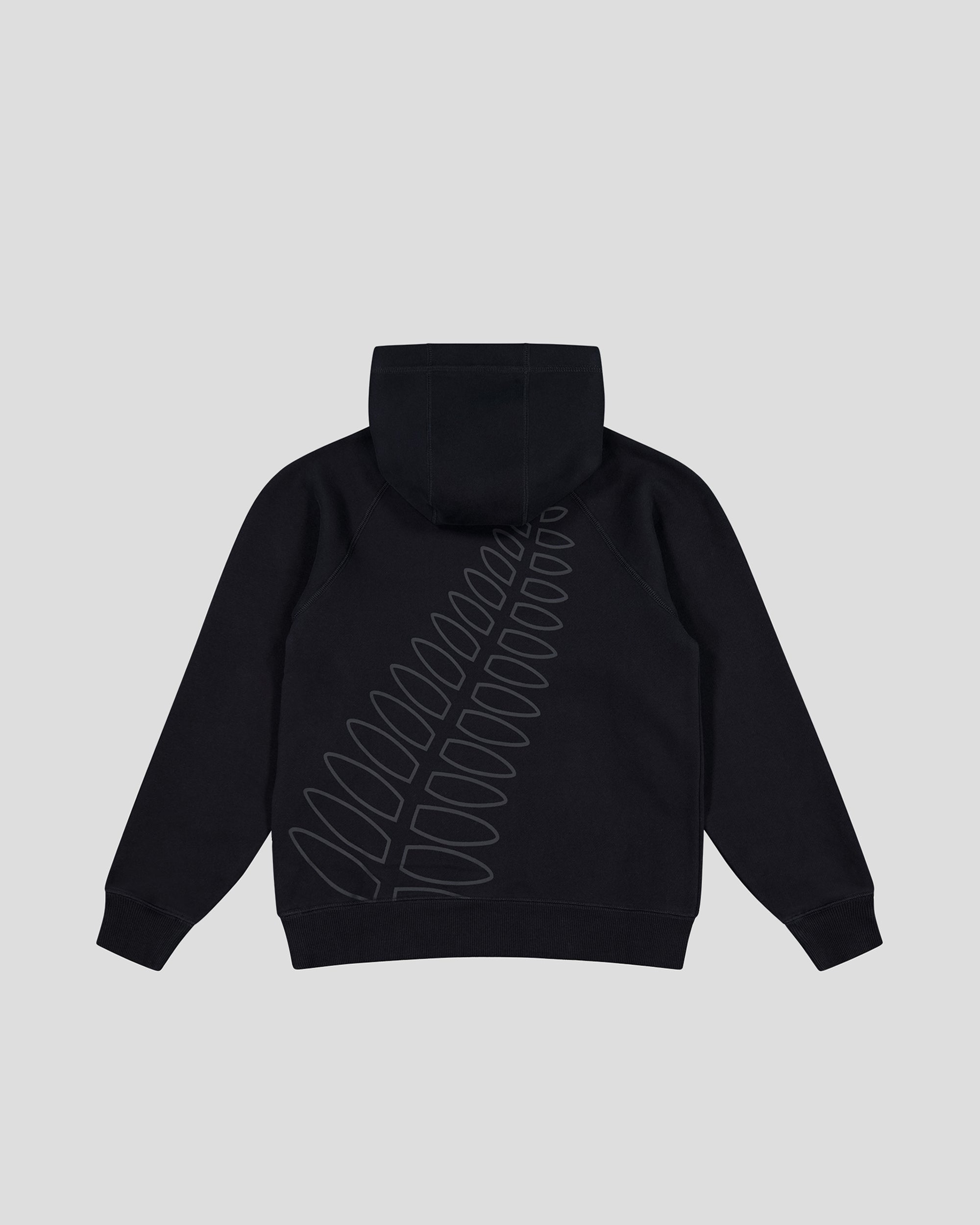 Black hoodie with the outline of a silver fern on the back in dark grey