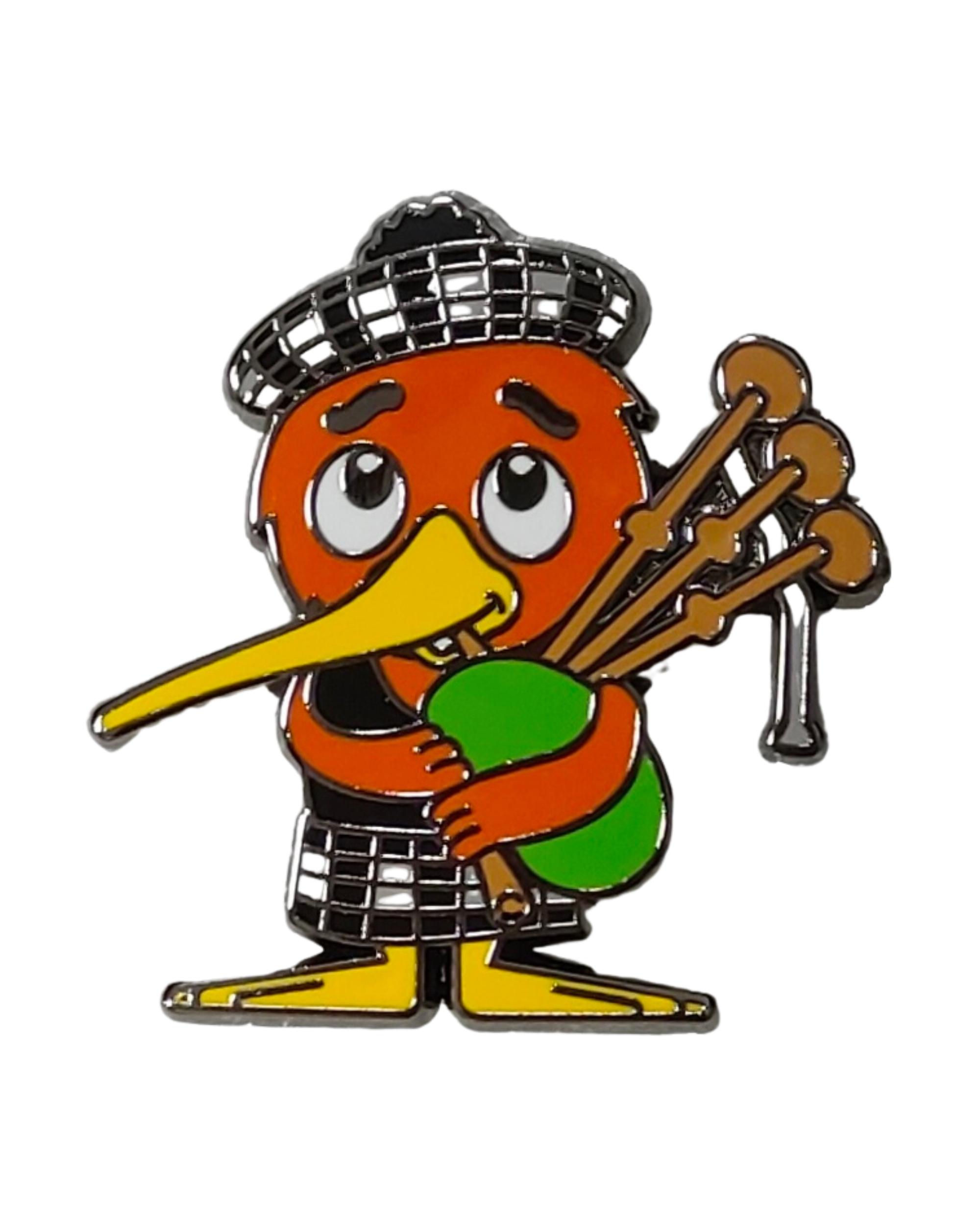 Goldie the kiwi dressed in tartan playing the bagpipes