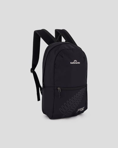 Black backpack with NZ Team logo and fern across front pocket