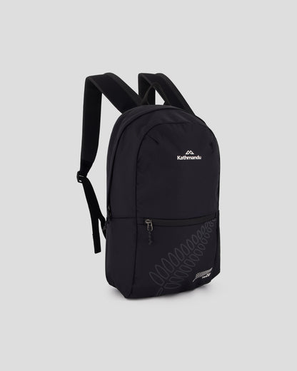 Black backpack with NZ Team logo and fern across front pocket