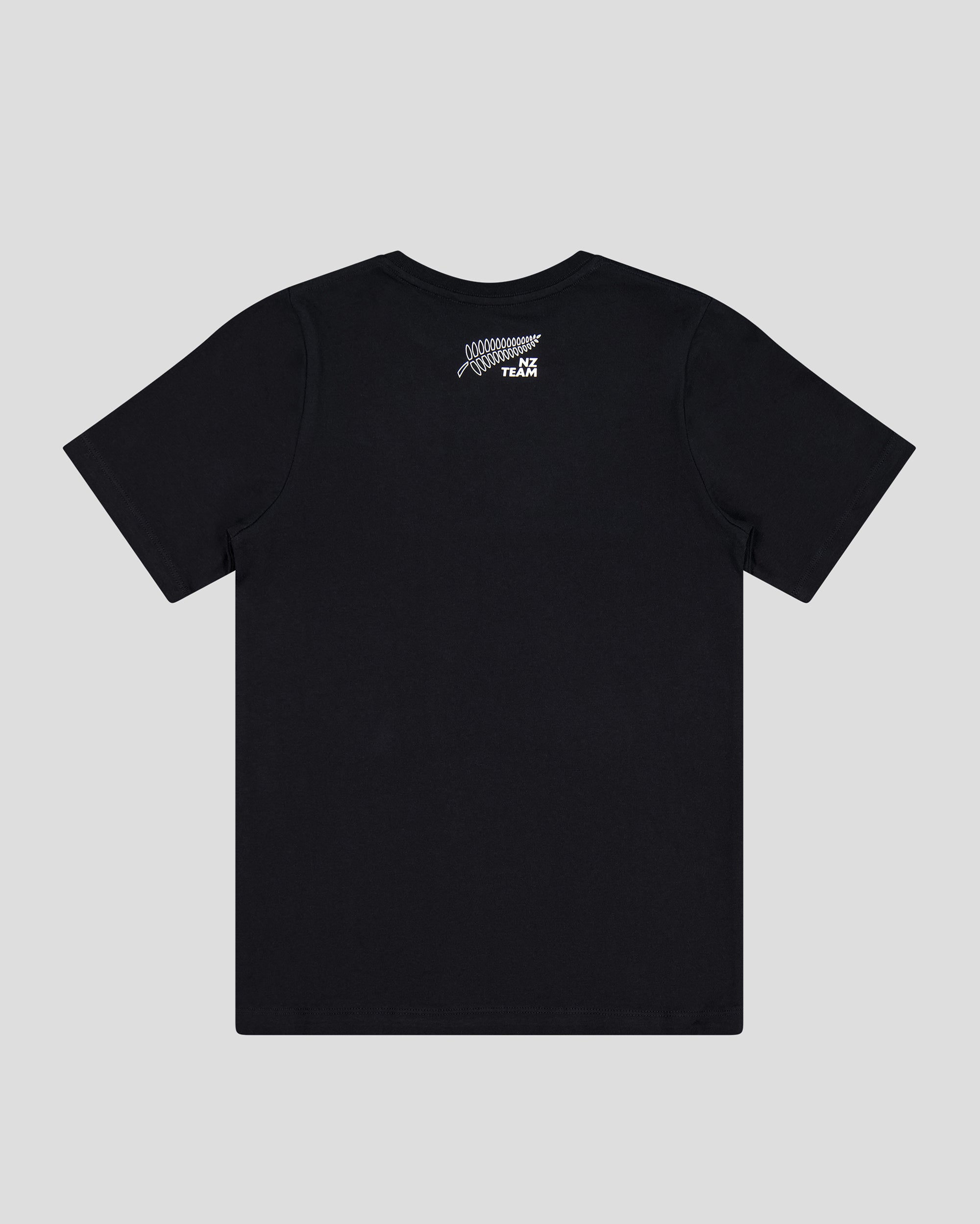 Black t-shirt with a small NZ team logo on the back of the neckline
