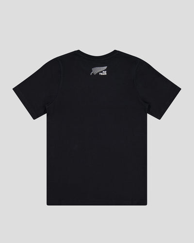 Black t-shirt with a small NZ team logo on the back of the neckline