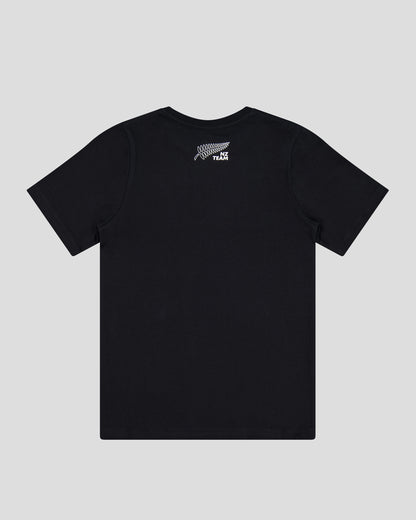 Black t-shirt with a small NZ team logo on the back of the neckline