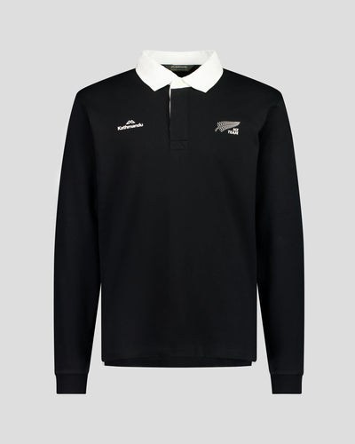 Black long-sleeve rugby style shirt with white collar and NZ team logo