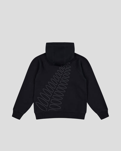 Black hoodie with the outline of a silver fern on the back in dark grey