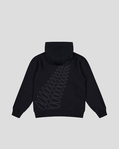 Black hoodie with the outline of a silver fern on the back in dark grey